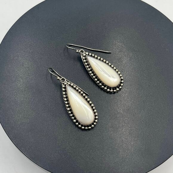 BA Indonesia 925 Mother Of Pearl Drop Dangle Sterling Silver Heavy Earrings - Picture 2 of 12